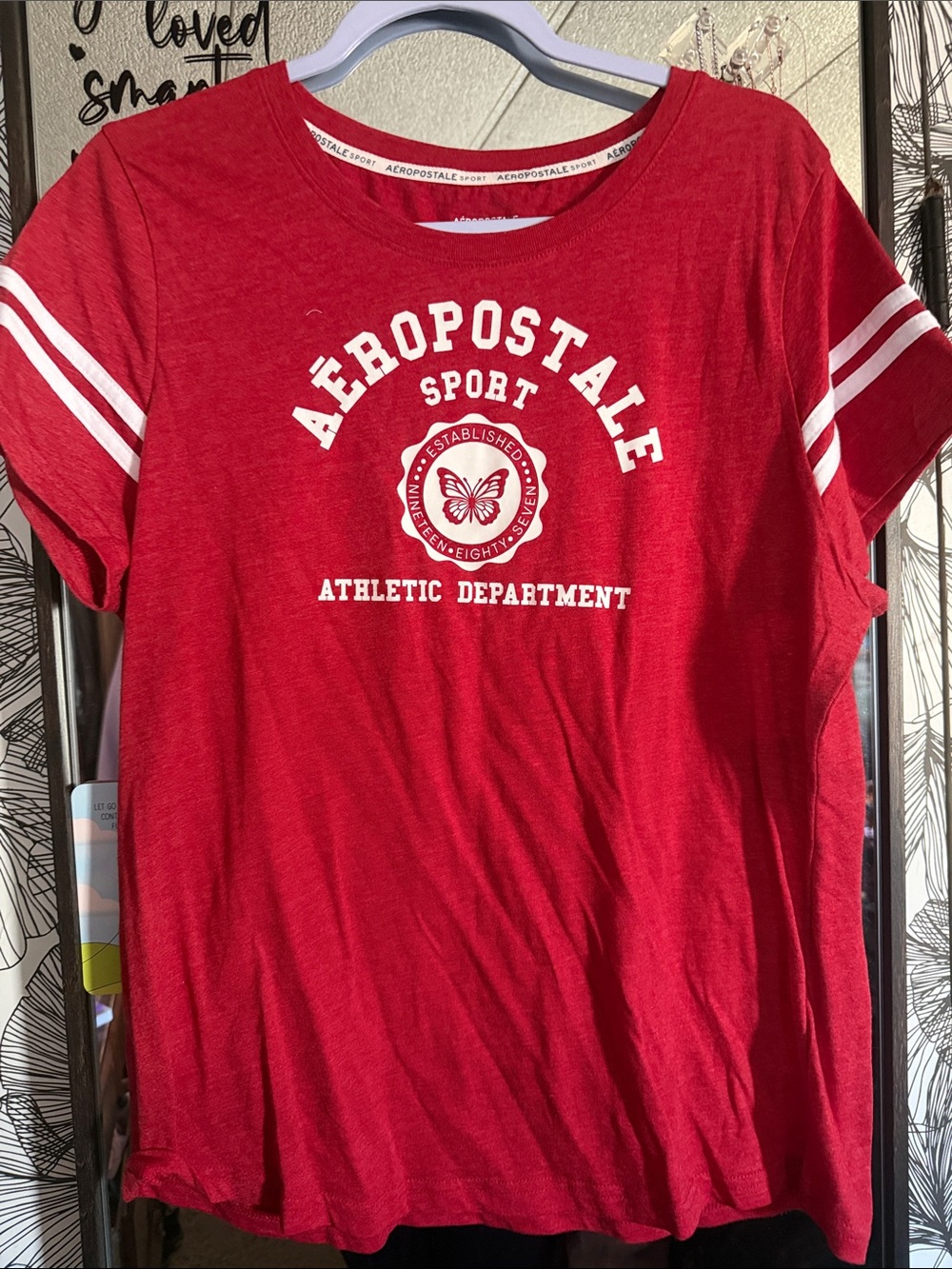 Aeropostale Womens Red Tee with White Athletic Stripes